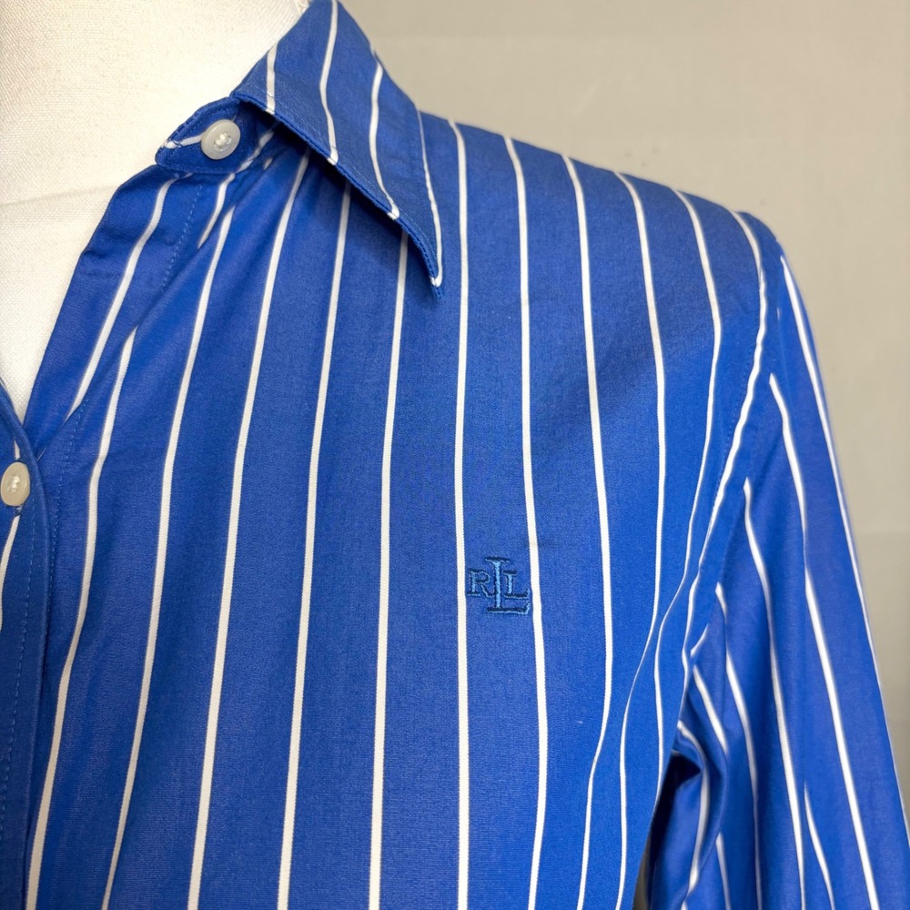 90s Y2K Lauren Ralph Lauren Striped Monogram Shirt L Blue White Cotton Top - Picture 7 of 8